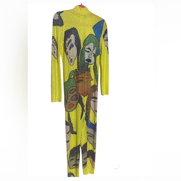 Pop Art Rhinestone Mesh Jumpsuit Yellow Long Sleeve Bodysuit Costume Style Sz L - Picture 5 of 7